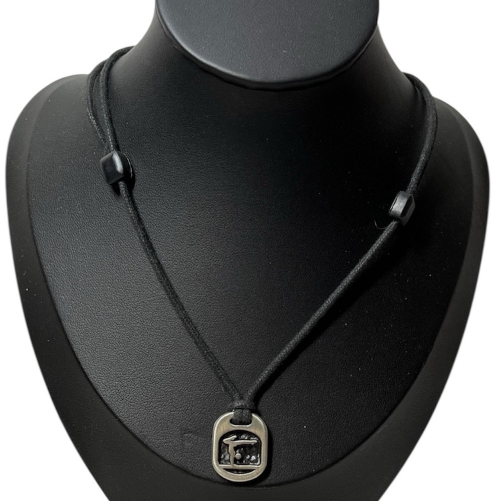 Metal Ice GYMNAST pewter necklace. Adjustable cord chain. Black silver